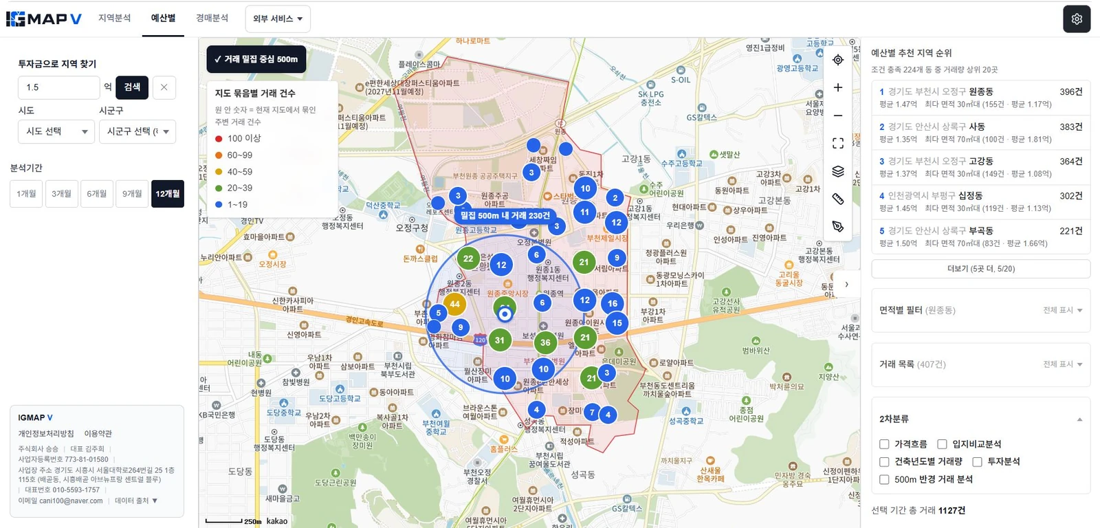 IGMAP 투자금으로 지역찾기 화면